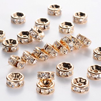 Brass Rhinestone Spacer Beads, Grade AAA, Straight Flange, Nickel Free, Light Gold Metal Color, Rondelle, Crystal, 8x3.8mm, Hole: 1.5mm