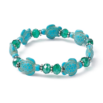 Synthetic Turquoise Turtle & Glass Beaded Stretch Bracelet, Inner Diameter: 2-1/4 inch(5.7cm)