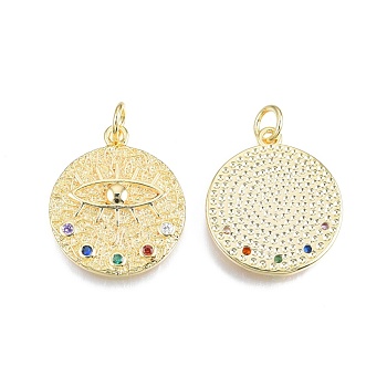 Brass Pave Cubic Zirconia Pendants, with Jump Rings, Nickel Free, Real 18K Gold Plated, Flat Round with Eye, Colorful, 23x20x2mm, Jump Ring: 6x1mm, 4mm inner diameter