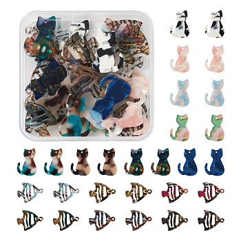 28Pcs 14 Styles Opaque Acrylic Pendants, Cat & Hollow Fish Charms, Mixed Color, 24~24.5x17~19x2.5~2.8mm, Hole: 1.2~1.8mm, 2pcs/style
