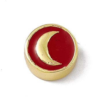 Real 18K Gold Plated Brass Enamel Beads, Long-Lasting Plated, Cadmium Free & Lead Free, Flat Round with Moon, FireBrick, 11x4.5mm, Hole: 1.8mm
