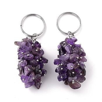 Natural Amethyst Keychain, with Brass and Iron Findings, Cadmium Free & Lead Free, Platinum, 8.05cm