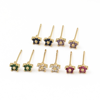 Cubic Zirconia Flower Stud Earrings, Real 18K Gold Plated Brass Jewelry for Women, Cadmium Free & Lead Free, Mixed Color, 15x5x5mm, Pin: 0.7mm