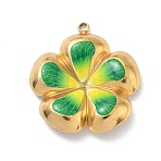 304 Stainless Steel Enamel Pendants, Flower Charms, Golden, Green, 23.5x22x4mm, Hole: 1.4mm(STAS-F360-11G-01)