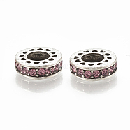 Alloy European Beads, Large Hole Beads, with Rhinestone, Flat Round, Antique Silver, Light Rose, 11x3.5mm, Hole: 5mm(MPDL-S066-010B)