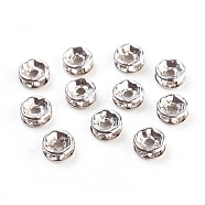 Brass Rhinestone Spacer Beads, Grade A, Straight Flange, Platinum Metal Color, Rondelle, Crystal, 6x3mm, Hole: 1mm(X-RB-A014-Z6mm-01P)