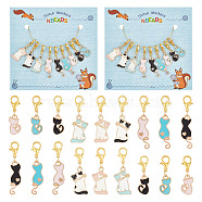 Cat Pendant Stitch Markers, Alloy Enamel Crochet Lobster Clasp Charms, Locking Stitch Marker with Wine Glass Charm Ring, Mixed Color, 2.7~3.5cm, 3 style, 3pcs/style, 9pcs/set, 2 sets/box(HJEW-AB00328)