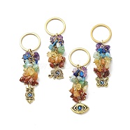 Chakra Natural Gemstone Chip Bead Keychain, with 304 Stainless Steel Findings, Butterfly/Owl/Elephant with Evil Eye, Golden, 7.8~8.9cm(KEYC-JKC00415-01)