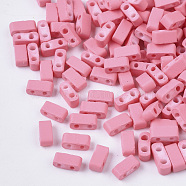 2-Hole Glass Seed Beads, Rubberized Style, Rectangle, Pink, 4.5~5.5x2x2~2.5mm, Hole: 0.5~0.8mm(SEED-S023-31B-09)