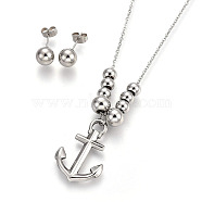 304 Stainless Steel Stud Earrings & Pendant Necklaces Jewelry Sets, Anchor and Round, Stainless Steel Color, 17.6 inch(44.7cm), 8mm, Pin: 0.6mm(SJEW-L136-14P)