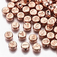 CCB Plastic Beads, Horizontal Hole, Flat Round with Letter, Rose Gold, 7x4mm, Hole: 1.8mm, about 3300pcs/500g(CCB-N004-002RG)