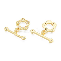 Brass Micro Pave Clear Cubic Zirconia Toggle Clasps, Nickel Free, Flower, Real 18K Gold Plated, Bar: 5.5x23x2mm, Flower: 15x13x2mm, Hole: 1.4mm(KK-N231-370)