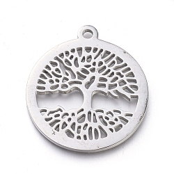 304 Stainless Steel Pendants, Manual Polishing, Flat Round with Tree of Life, Stainless Steel Color, 28.5x25.5x1.2mm, Hole: 2mm(STAS-L245-010A-P)