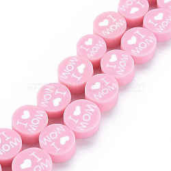 Handmade Polymer Clay Bead Strands, Mother's Day Theme, Flat Round with Word I Love MOM, Pink, 8x4mm, Hole: 1.4mm, about 40pcs/strand, 13.58 inch~ 14.37 inch(34.5cm~36.5cm)(CLAY-S096-013H)