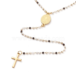 304 Stainless Steel Pendant Necklaces, with Glass Seed Beads and Lobster Claw Clasps, Cross & Saint Benedict Medal/Saint Benedict, Golden, Black, 18 inch(45.7cm)(NJEW-JN03233-01)