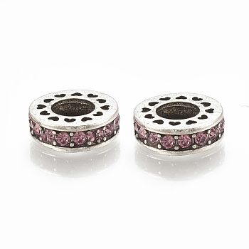 Alloy European Beads, Large Hole Beads, with Rhinestone, Flat Round, Antique Silver, Light Rose, 11x3.5mm, Hole: 5mm