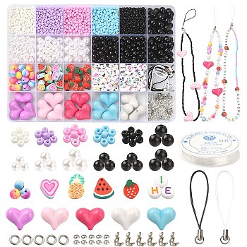 DIY Mobile Phone Strap Making Kit, Including Heart Acrylic & Round Seed & Polymer Clay Strawberry & Plastic Pearl Beads, Mobile Phone Strap, Mixed Color