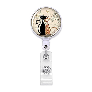 Plastic Badge Reels, Retractable Badge Holder, Flat Round with Cat, Chocolate, 30mm