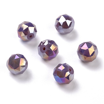 Electroplate Opaque Glass Beads, Rainbow Plated, Faceted, Round, Old Rose, 10x9.5mm, Hole: 1.4mm