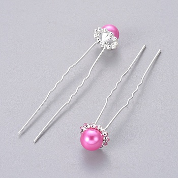 (Defective Closeout Sale) Lady's Hair Accessories Silver Color Plated Iron Ball Hair Forks, with ABS Imitation Pearl Beads and Rhinestone Beads, Deep Pink, 75.5mm