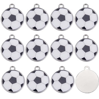 30Pcs Eco-Friendly Alloy Enamel Hollow Pendants, Flat Round with Football Pattern, Platinum, White, 24x20x2.5mm, Hole: 3mm