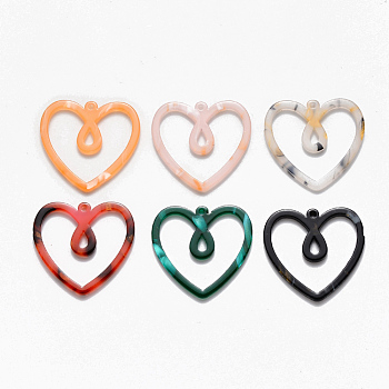 Cellulose Acetate(Resin) Pendants, Heart, Mixed Color, 30x32x2mm, Hole: 1.4mm