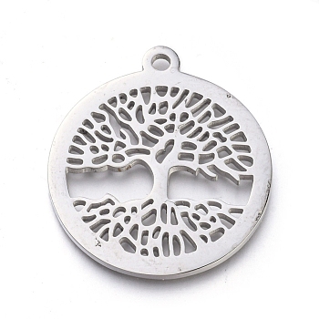 304 Stainless Steel Pendants, Manual Polishing, Flat Round with Tree of Life, Stainless Steel Color, 28.5x25.5x1.2mm, Hole: 2mm