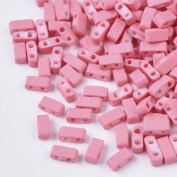 2-Hole Glass Seed Beads, Rubberized Style, Rectangle, Pink, 4.5~5.5x2x2~2.5mm, Hole: 0.5~0.8mm