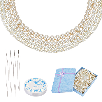 DIY Stretch Bracelets Making Kits, with Stainless Steel Big Eye Beading Needles, Glass Pearl Beads, Clear Elastic Crystal Thread and Cardboard Boxes, Round, Creamy White, Beads: 4~10mm, Hole: 0.8~1mm, 4strands/box
