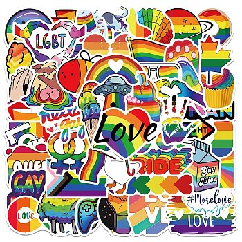 52Pcs Rainbow Theme PVC Waterproof Sticker Labels, Self-adhesive Decals, for Suitcase, Skateboard, Refrigerator, Helmet, Mobile Phone Shell, Colorful, 30~60mm