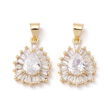 Brass Micro Pave Clear Cubic Zirconia Pendants, Teardrop, Real 18K Gold Plated, 18x13.5x4.5mm, Hole: 3.5x4.5mm