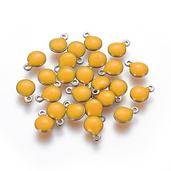 304 Stainless Steel Enamel Charms, Enamelled Sequins, Flat Round, Stainless Steel Color, Orange, 13.5x10x3.5~4mm, Hole: 1.4mm