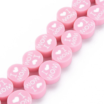 Handmade Polymer Clay Bead Strands, Mother's Day Theme, Flat Round with Word I Love MOM, Pink, 8x4mm, Hole: 1.4mm, about 40pcs/strand, 13.58 inch~ 14.37 inch(34.5cm~36.5cm)