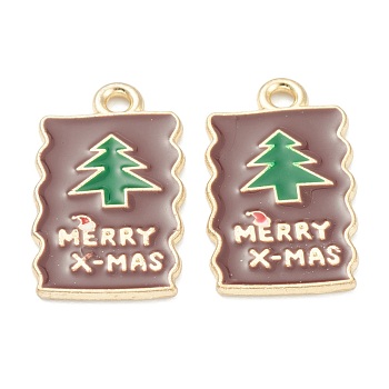 Alloy Enamel Pendants, for Christmas, Light Gold Plated, Rectangle with Tree Pattern, Coconut Brown, 21x12x1mm, Hole: 1mm
