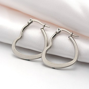201 Stainless Steel Hoop Earrings, with 304 Stainless Steel Pin, Hypoallergenic Earrings, Heart, Stainless Steel Color, 25.5x20x2mm, Pin: 1x0.6mm