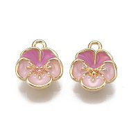 Brass Enamel Charms, Nickel Free, Real 18K Gold Plated, Flower, Pink, 12x10.5x4mm, Hole: 1.5mm(X-KK-T038-438G)