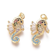 Golden Plated Brass Pendants, with Cubic Zirconia and Jump Rings, Sea Horse, Colorful, 20.5x10x3mm, Hole: 2.5mm(ZIRC-L087-008G)