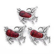 Sheep Alloy Brooch, Natural Paua Shell Lapel Pin with Loop for Backpack Clothes Pendant Jewelry, Cadmium Free & Lead Free, Antique Silver, Dark Red, 50x55x13mm, Hole: 7x4.5mm, Pin: 0.7mm(PALLOY-N166-003-B01-RS)