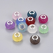 Resin Rhinestone European Beads, with Silver Color Plated Brass Cores, Large Hole Beads, Rondelle, Berry Beads, Mixed Color, 14x10mm, Hole: 5mm(RPDL-L004-M)