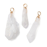 Electroplated Natural Quartz Crystal Dyed Pendants, Teardrop Charms with Golden Plated Copper Wire Loops, White, 34~37x6~10.5x6~9.5mm, Hole: 3.5mm(PALLOY-JF02325-01)