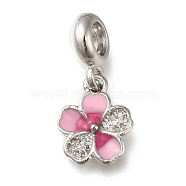 Rack Plating Alloy Pink Enamel European Dangle Charms, Flower Large Hole Pendants, Platinum, 24.5mm, Hole: 4.5mm, Flower: 14.5x11.5x2.5mm(PALLOY-A009-07P)