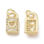 Brass Micro Pave Clear Cubic Zirconia Charms, with Jump Rings, Long-Lasting Plated, Lock with Heart, Clear, Real 18K Gold Plated, 11x6.5x3mm, Jump Ring: 5x1mm, Hole: 3.5mm(X-ZIRC-Q024-01G)