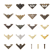 18 Styles Iron Decorative Corner for Wooden Box, Triangle with Bat/Auspicious Cloud/Butterfly Pattern, with Nails, Mixed Patterns, 18.5~44.5x19~82x0.7~3mm, Hole: 0.8~2x0.8~4.5mm(IFIN-FH0001-79)