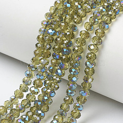 Electroplate Glass Beads Strands, Half Plated, Blue Plated, Faceted, Rondelle, Yellow Green, 4x3mm, Hole: 0.4mm, about 123~127pcs/strand, 16.5~16.9 inch(42~43cm)(EGLA-A034-T4mm-I19)