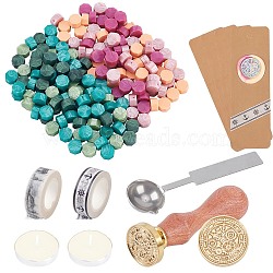 CRASPIRE DIY Scrapbook Making Kits, Including Brass Wax Seal Stamp, Stainless Steel Wax Sticks Melting Spoon, Blank Kraft Paper Card, Sealing Wax Particles, Adhesive Tapes and Candle, Mixed Color, 8.95cm, 1pc(DIY-CP0005-32)