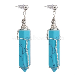 Synthetic Turquoise Bullet Dangle Stud Earrings, Wire Wrapped Gemstone Jewelry for Women, 60mm, Pin: 0.7mm(EJEW-PH01406-02)