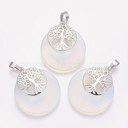Opalite Pendants, with Platinum Tone Brass Findings, Flat Round with Tree of Life, 32.5~33x27.5~28x5~6mm, Hole: 5x7mm(G-F573-C05)