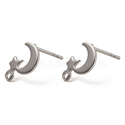 Moon & Star Shape 201 Stainless Steel Stud Earrings Findings, with 304 Stainless Steel Pins &  Horizontal Loops, Stainless Steel Color, 11x7mm, Hole: 1.2mm, Pin: 0.7mm(STAS-Q251-04P)