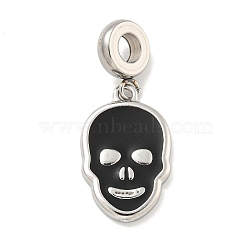 304 Stainless Steel Black Enamel European Dangle Charms, Halloween Skull Large Hole Pendants, Stainless Steel Color, 32mm, Skull: 21.5x13.5x2.5mm, Hole: 4.5mm(STAS-U005-43P)