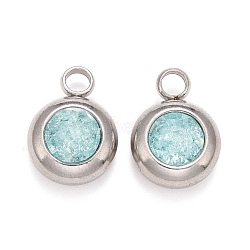 304 Stainless Steel Charms, Flat Round with Glass Rhinestone, Stainless Steel Color, Pale Turquoise, 14x10x6mm, Hole: 2.5mm(STAS-G133-13F)